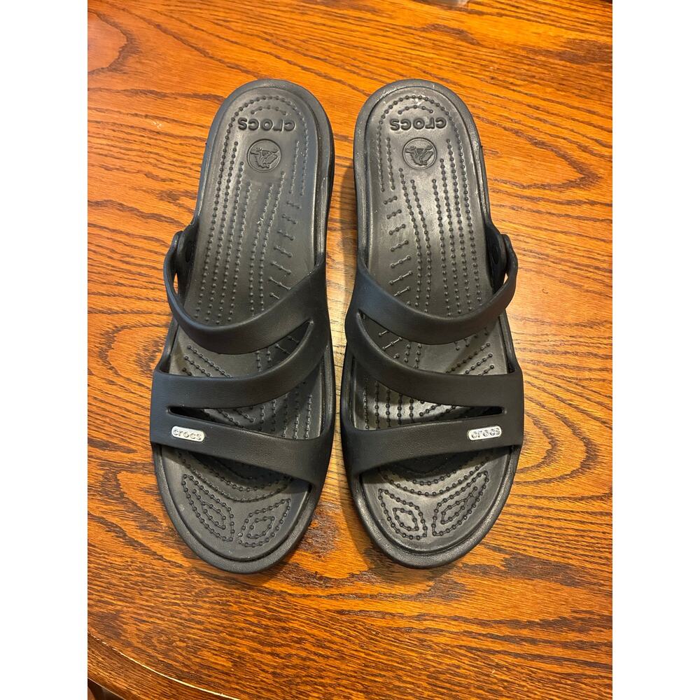 Crocs Women's Patricia Low Wedge Strappy Sandals Slip On Slide Black Size 11
